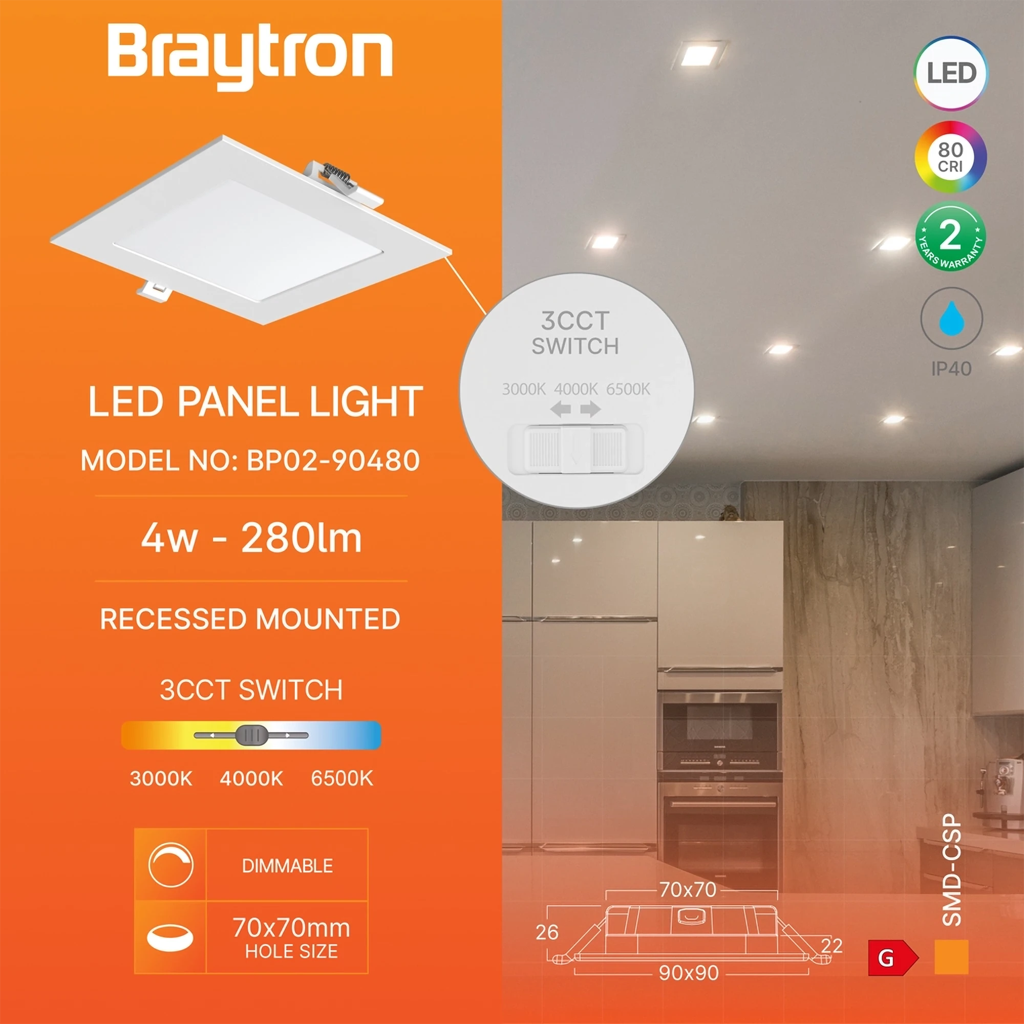 LED panel ugradni kvadratni 3" 4W CCT DIM bela Braytron PanelLine - Слика 3