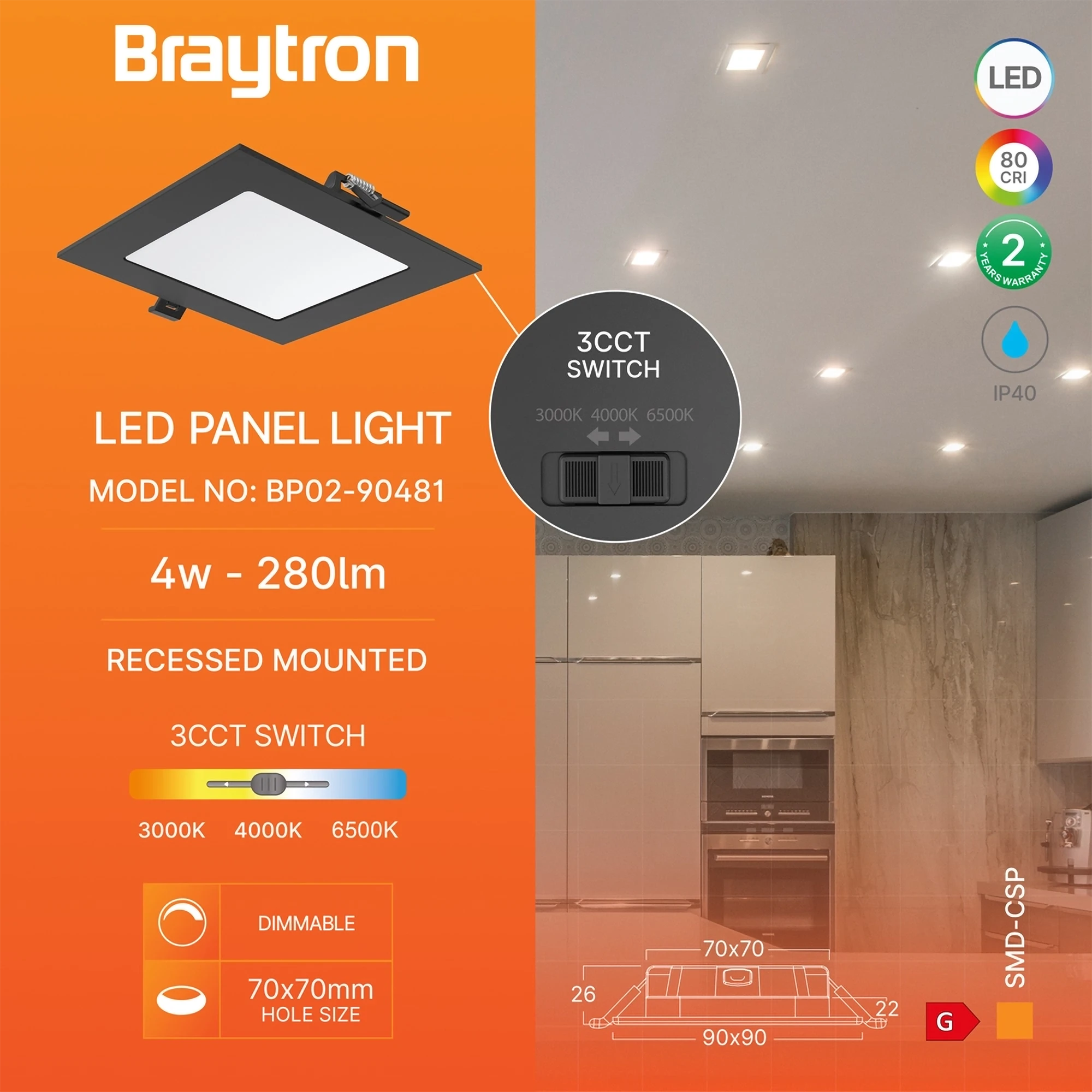 LED panel ugradni kvadratni 3" 4W CCT DIM crna Braytron PanelLine - Слика 3