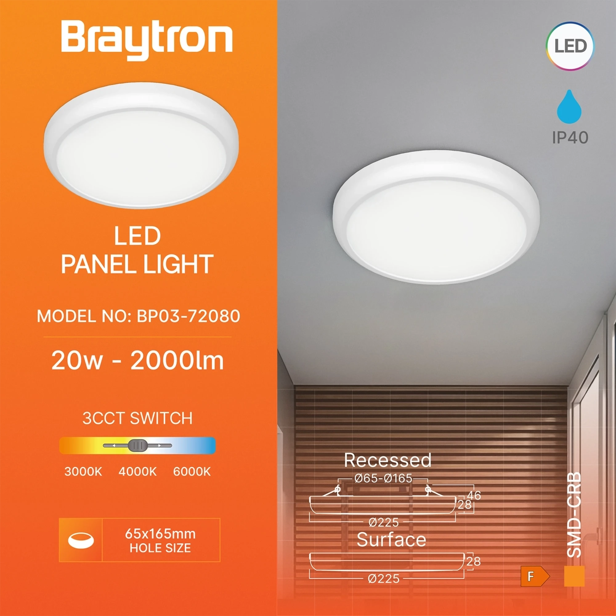 LED panel ugradni nadgradni 2u1 okrugli 9" 20W CCT bela Braytron PanelLine - Слика 3