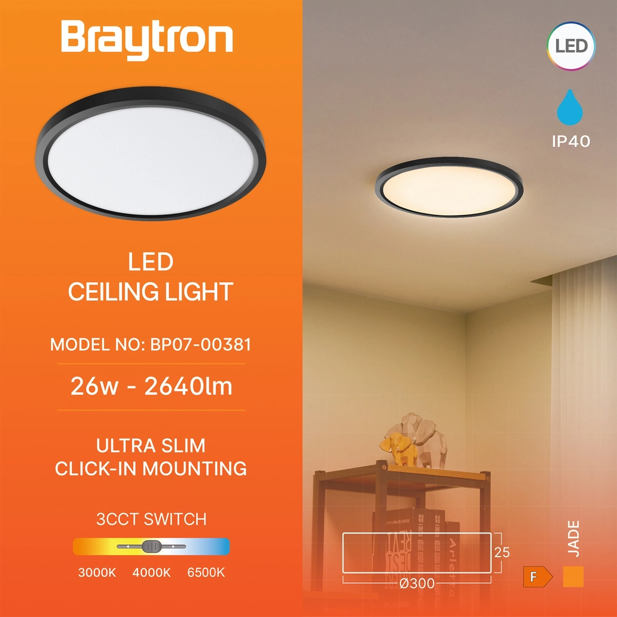 LED plafonjera okrugla 26W crna CCT 3u1 Braytron Jade - Слика 3