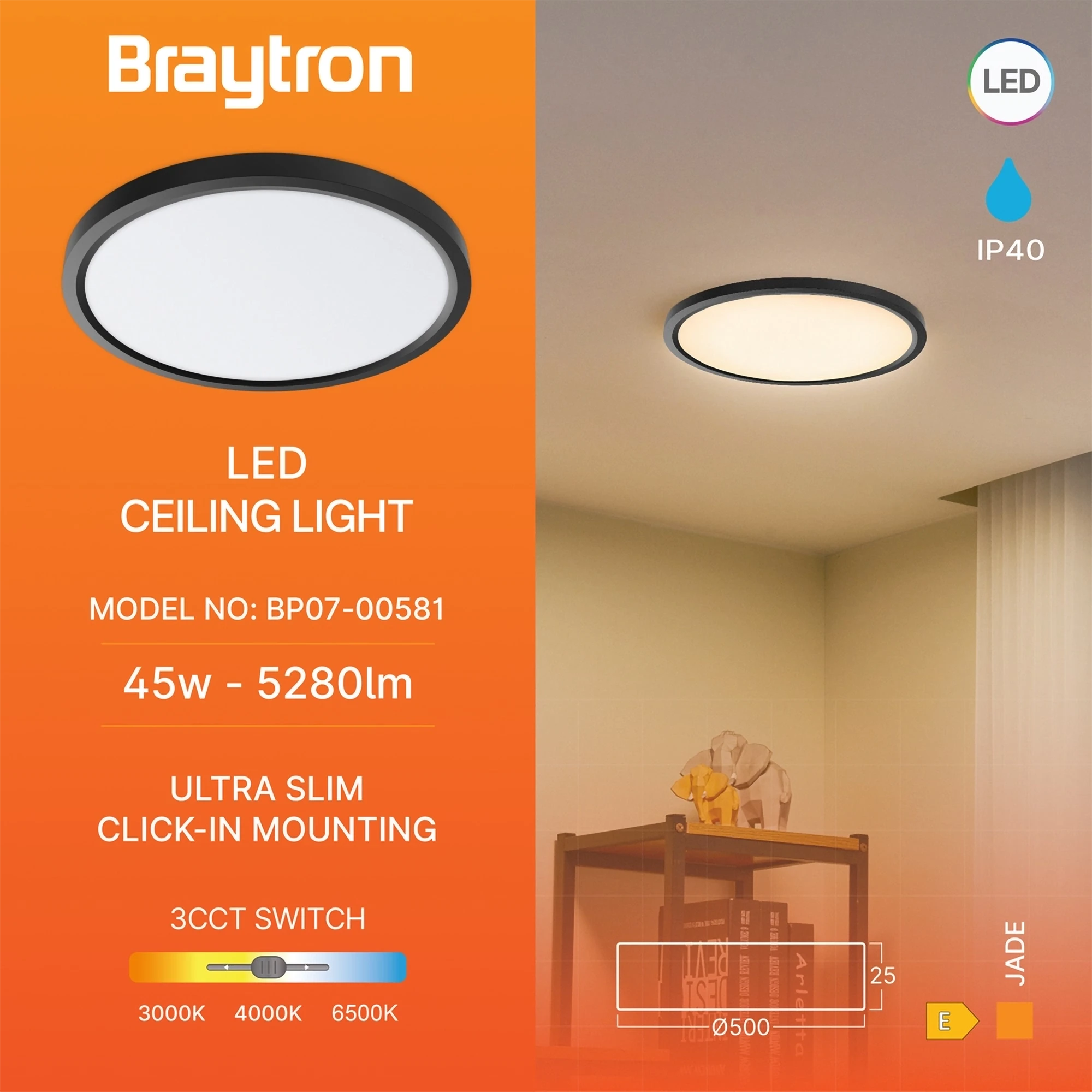 LED plafonjera okrugla 45W crna CCT 3u1 Braytron Jade - Слика 3