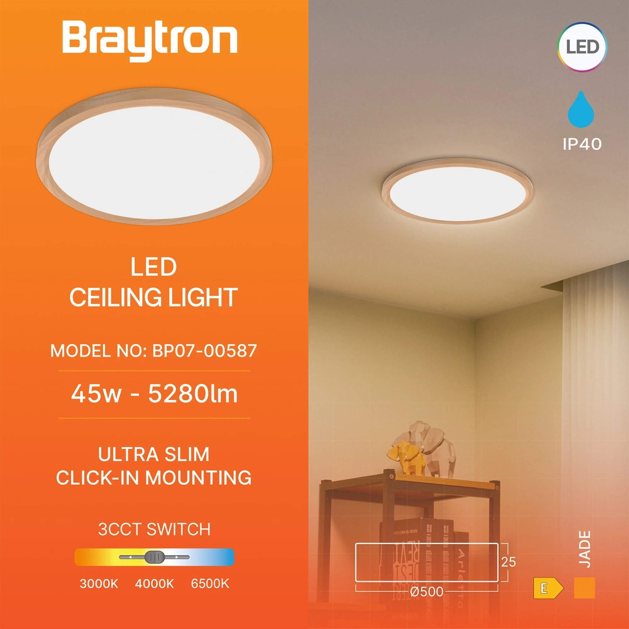 LED plafonjera okrugla 45W drvo CCT 3u1 Braytron Jade - Слика 3