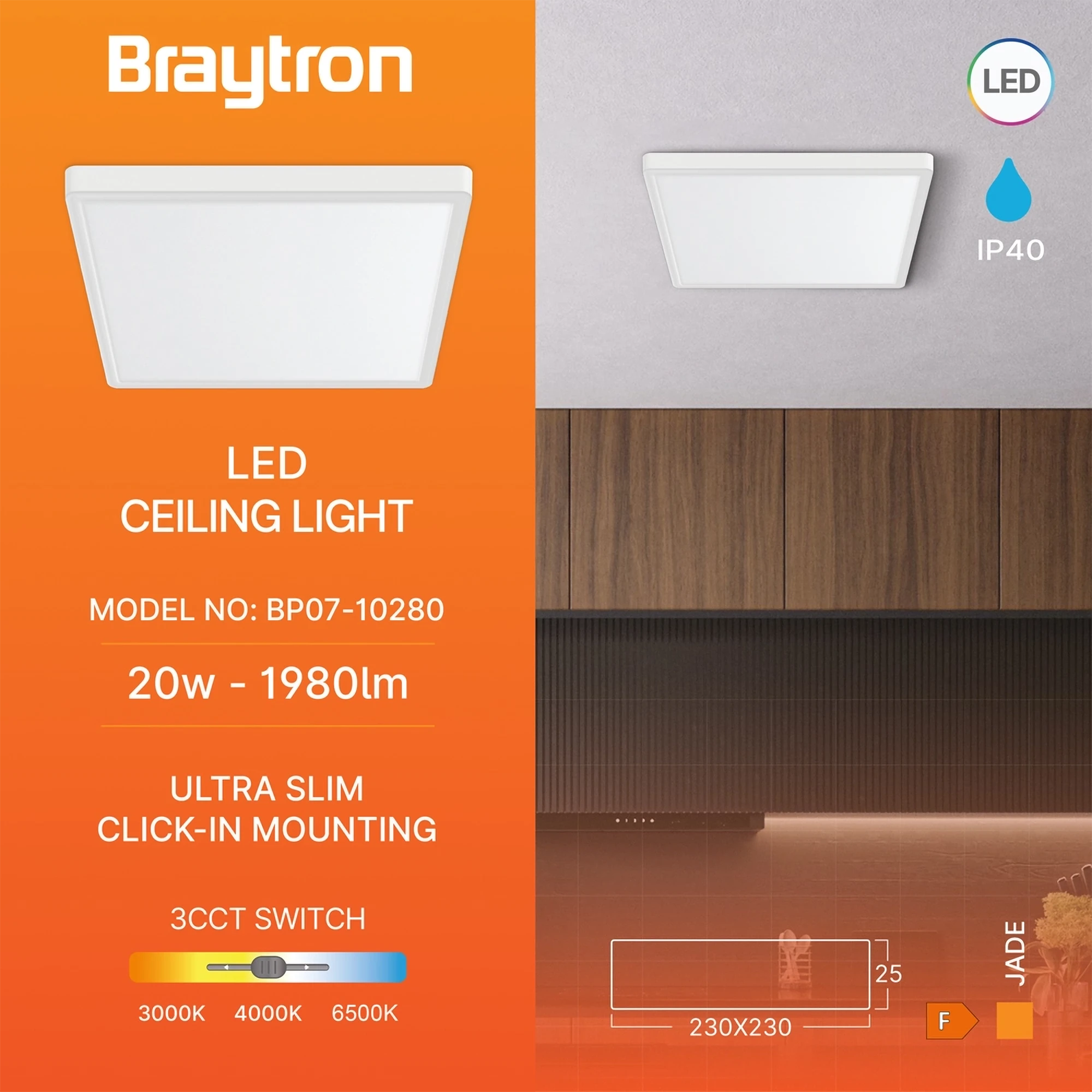 LED plafonjera kvadratna 20W bela CCT 3u1 Braytron Jade - Слика 3