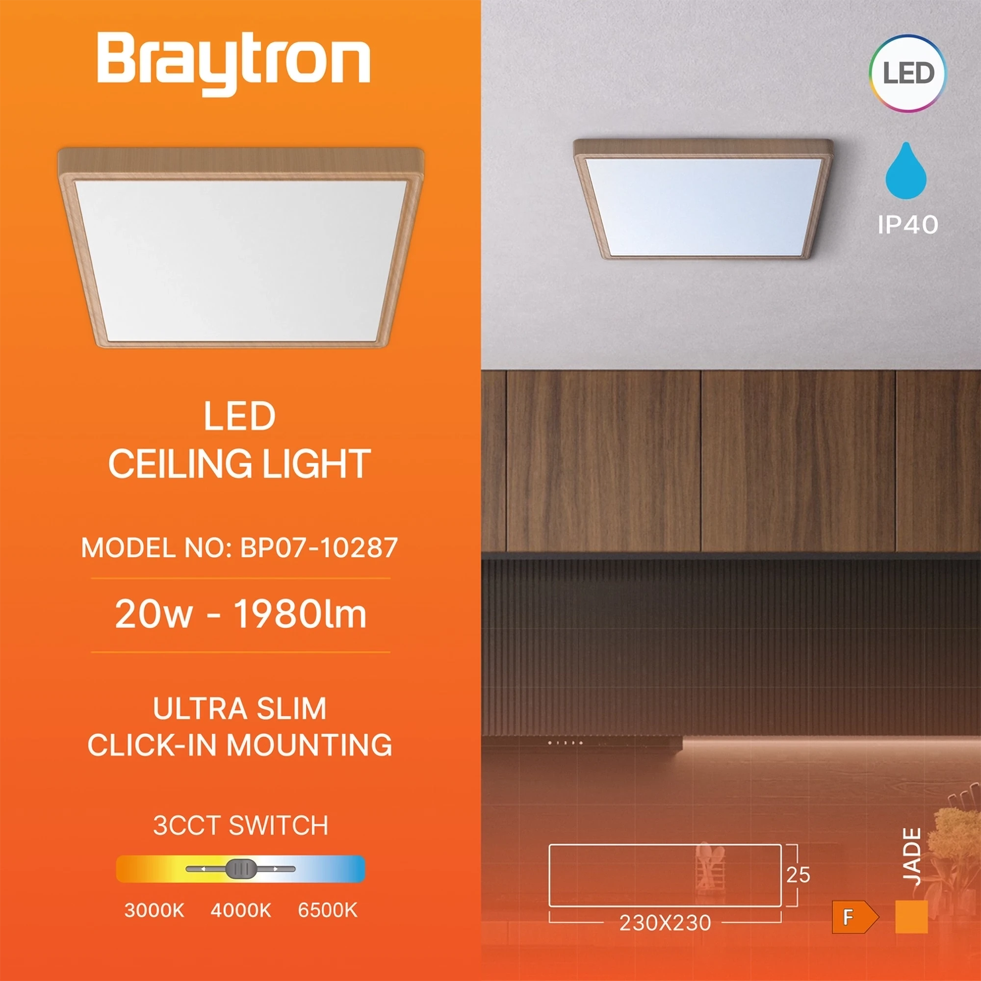 LED plafonjera kvadratna 20W drvo CCT 3u1 Braytron Jade - Слика 3