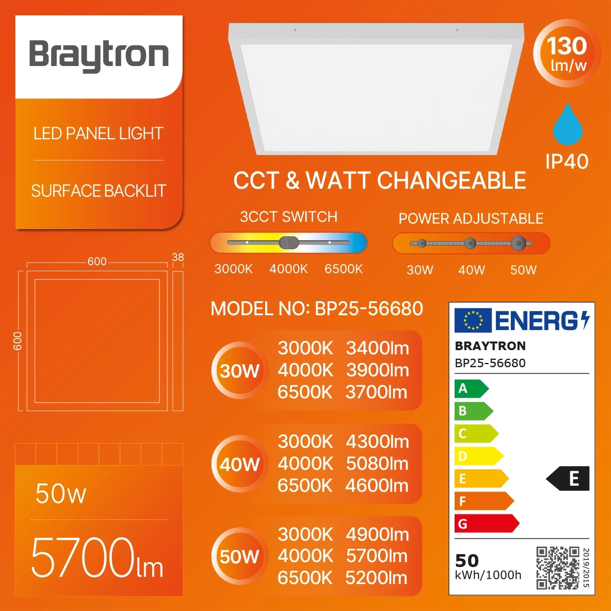 LED panel nadgradni 600x600 50W CCT Braytron LumiPanel - Слика 3