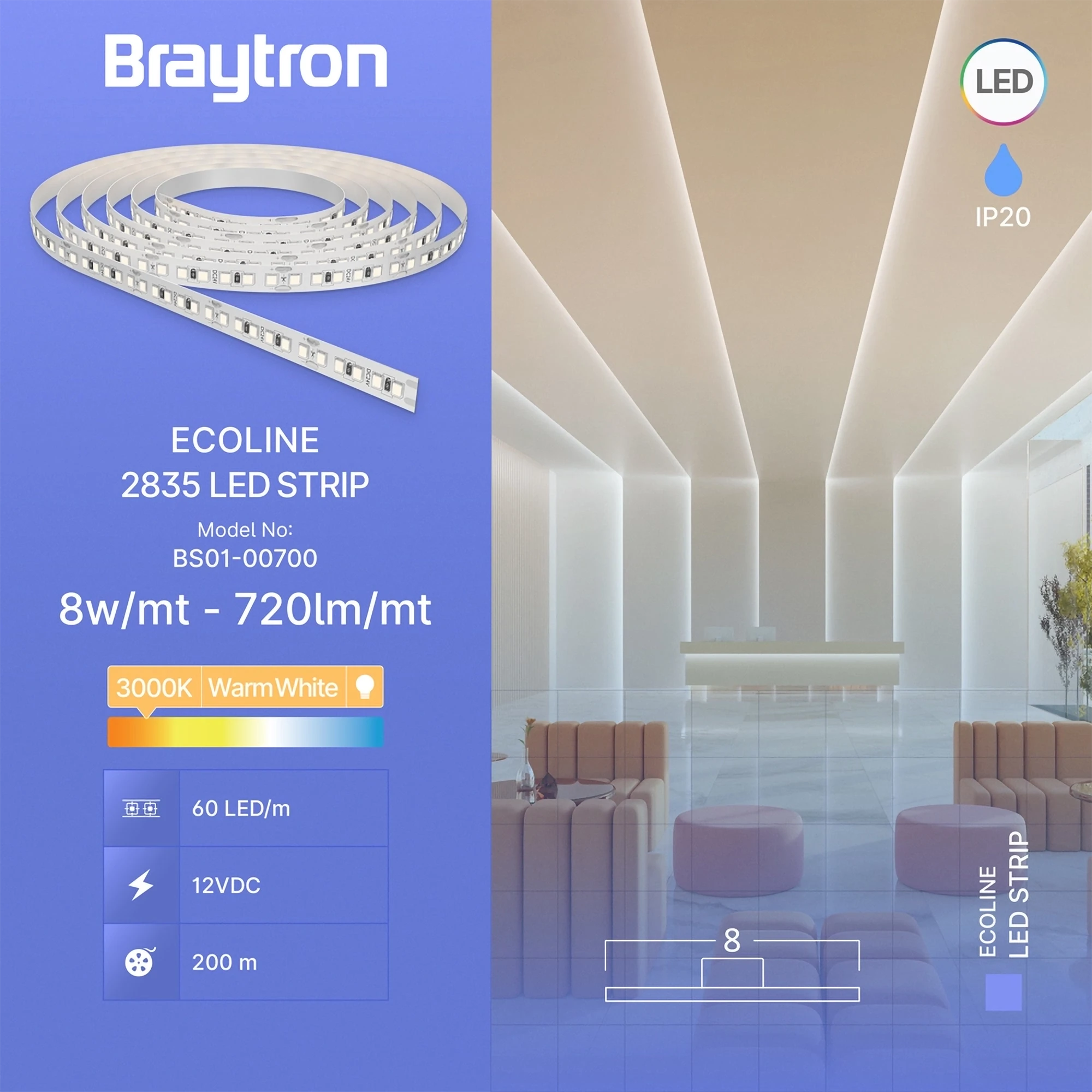 LED traka 8W/m 2835 3000K 12V IP20 Braytron EcoLine - Слика 3