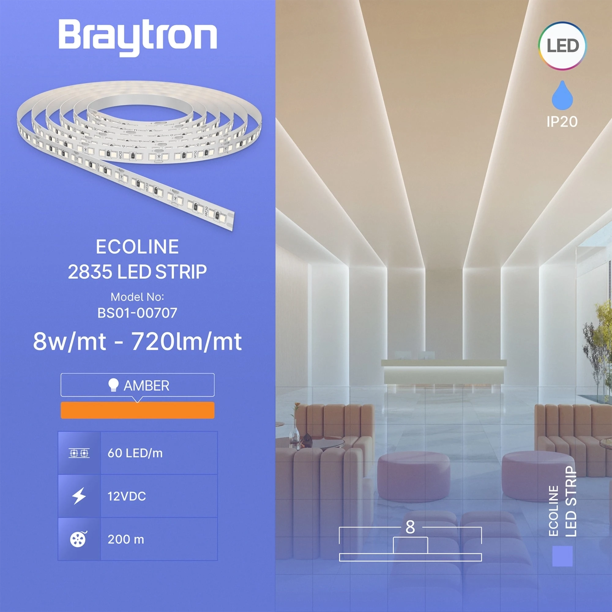 LED traka 8W/m 2835 amber 12V IP20 Braytron EcoLine - Слика 3