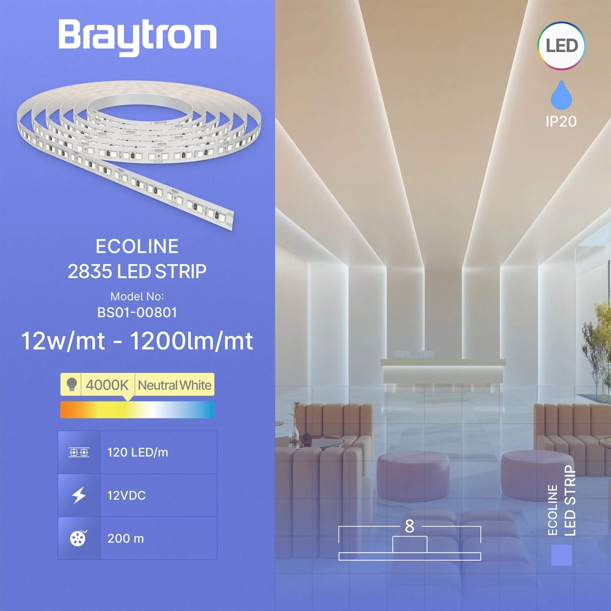 LED traka 12W/m 2835 4000K 12V IP20 Braytron EcoLine - Слика 3