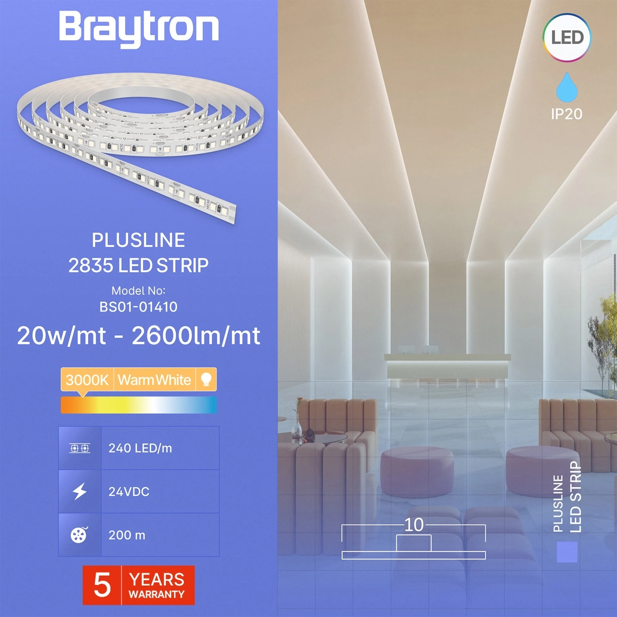LED traka 20W/m 2835 3000K 24V IP20 Braytron PlusLine - Слика 3