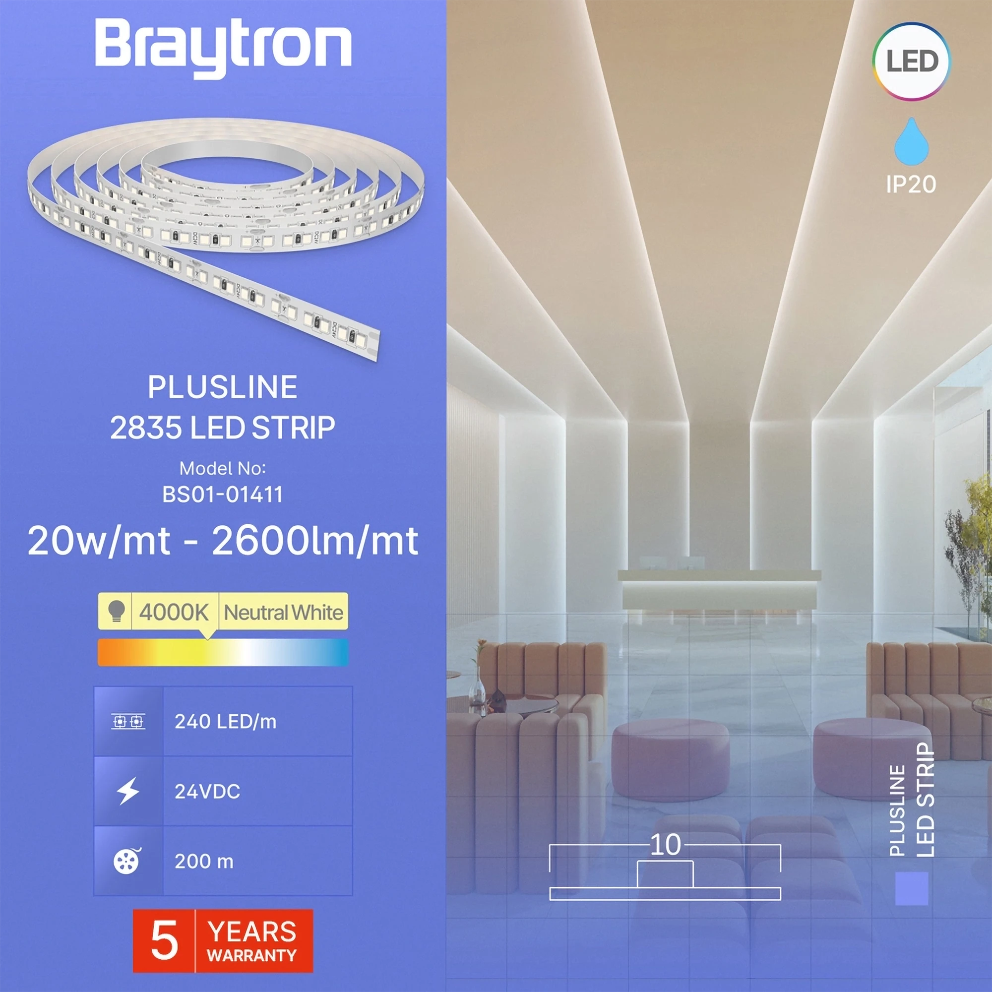 LED traka 20W/m 2835 4000K 24V IP20 Braytron PlusLine - Слика 3