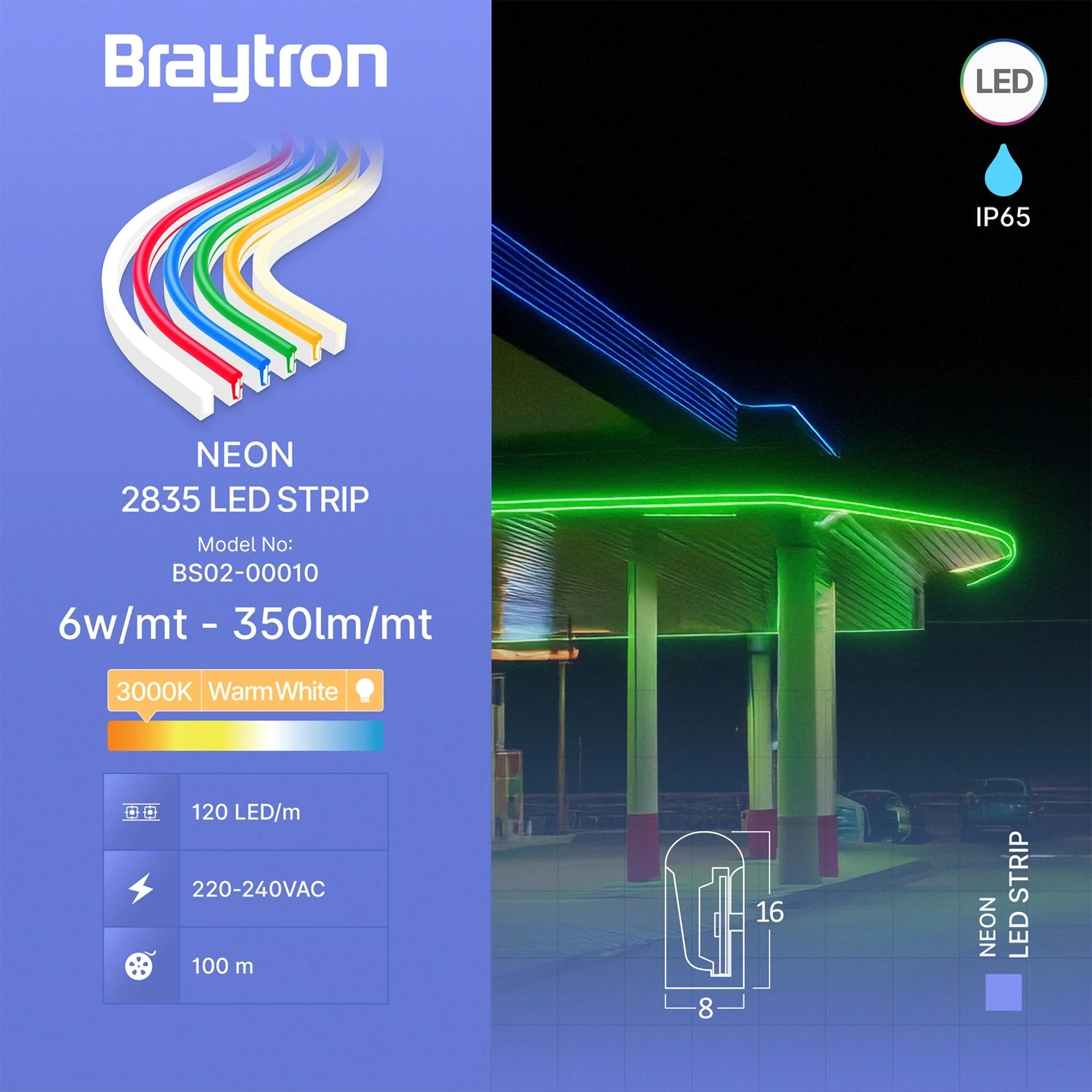 LED neon traka 220V 6W/m 3000K IP65 8x16 Braytron Neon - Слика 3