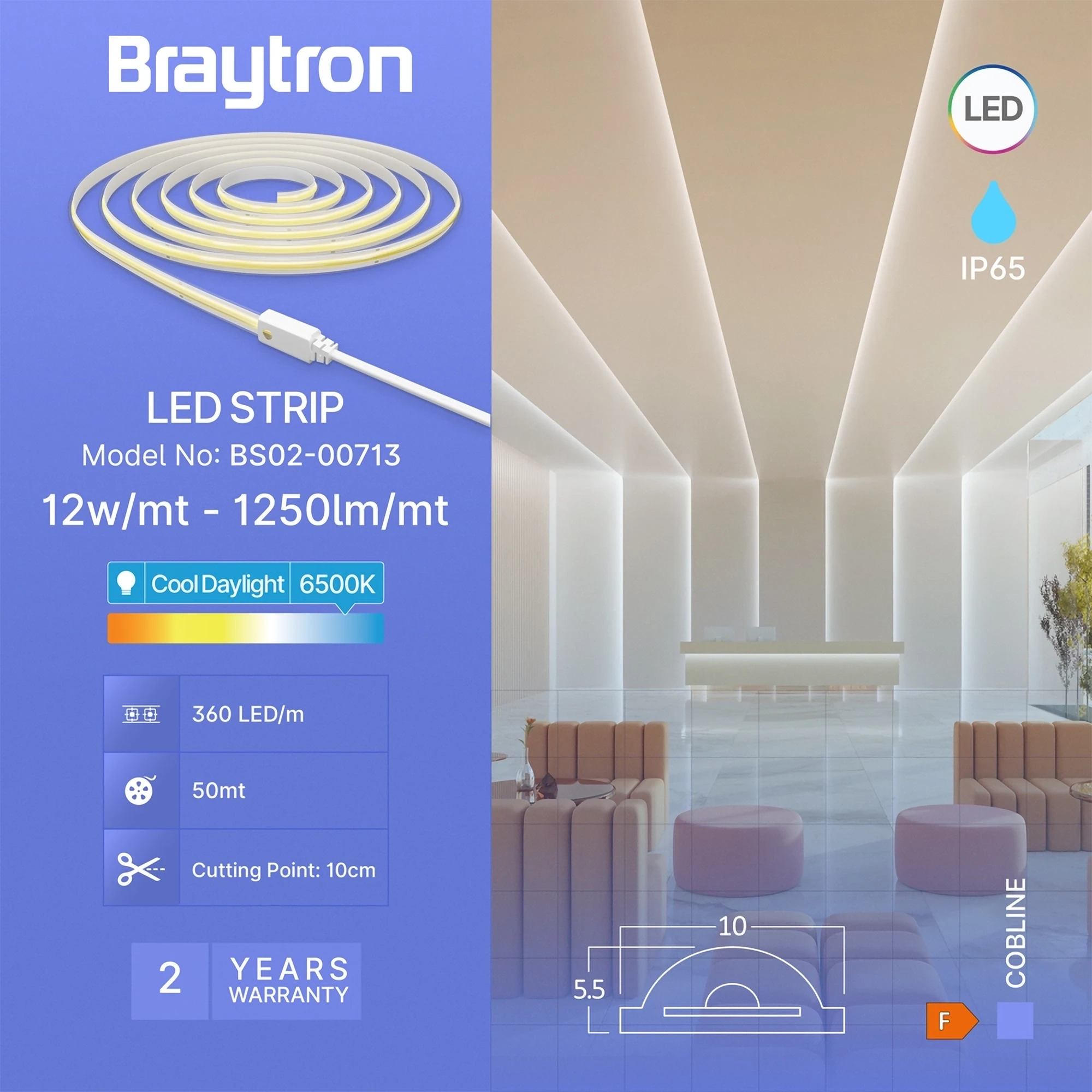 LED COB traka 220V 12W/m 360LED 6500K IP65 Braytron CobLine - Слика 3