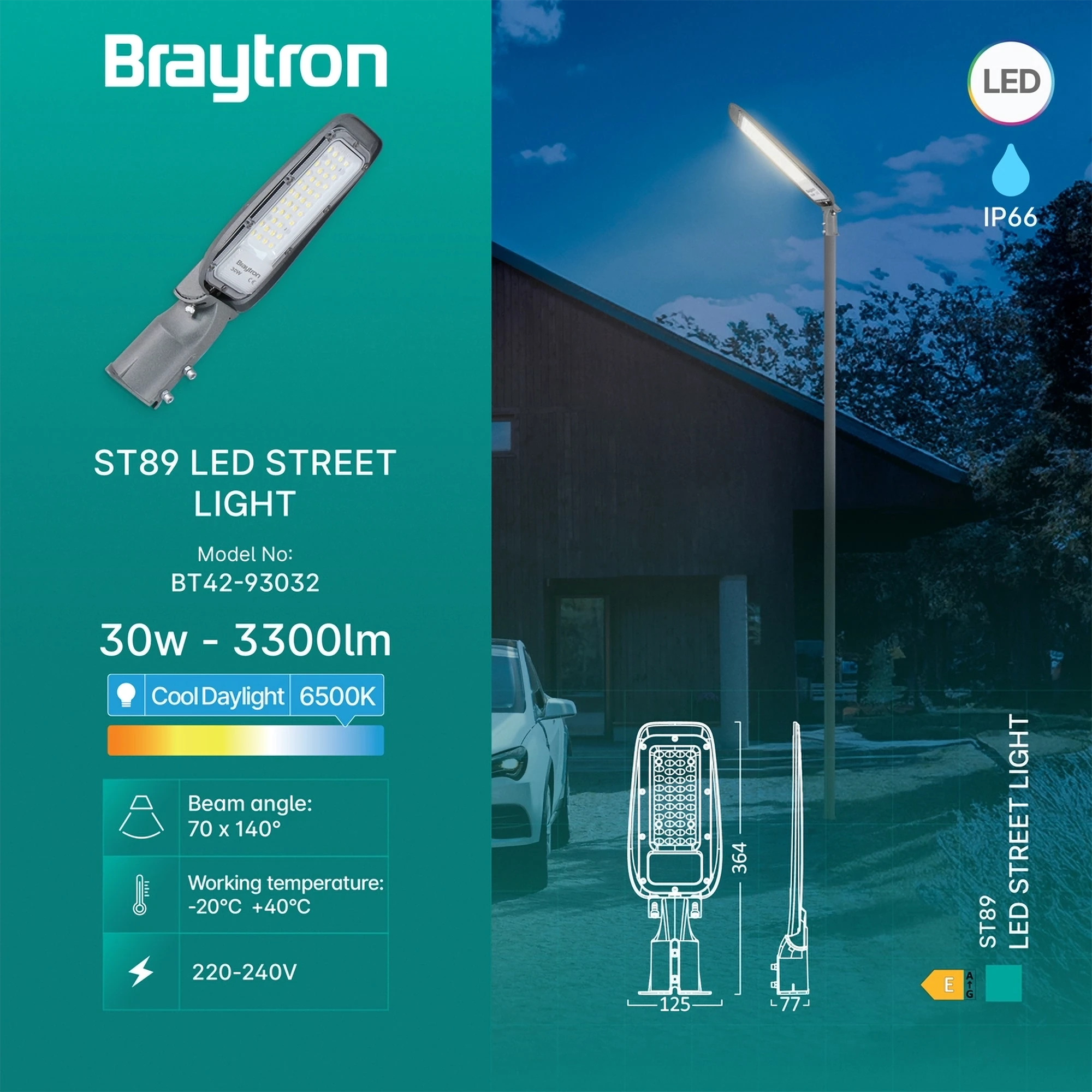 LED ulična svetiljka 30W 6500K siva StreetLine Plus IP66 Braytron - Слика 3