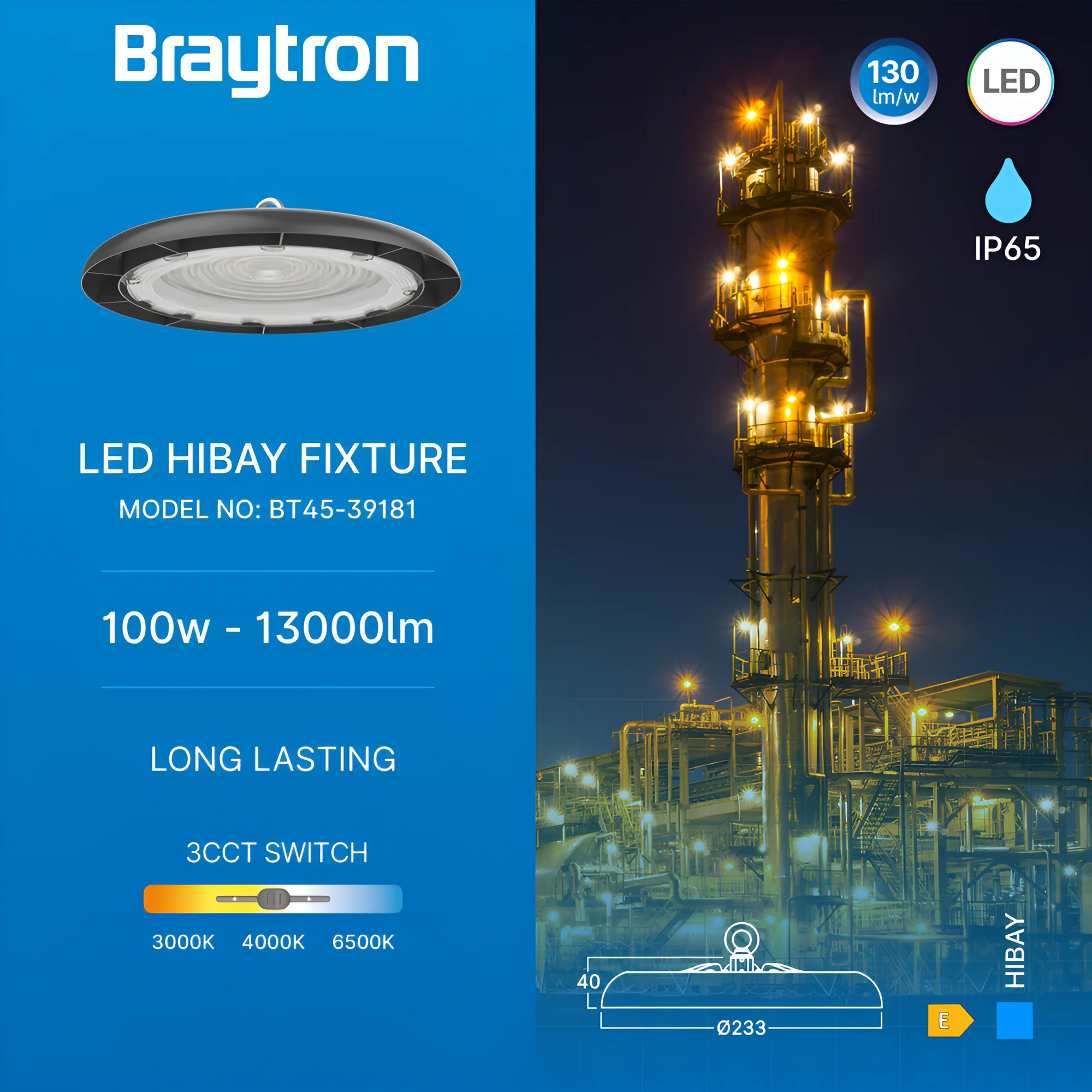LED industrijsko zvono hibay 100W CCT crna IP65 Braytron HiBay Elite - Слика 3