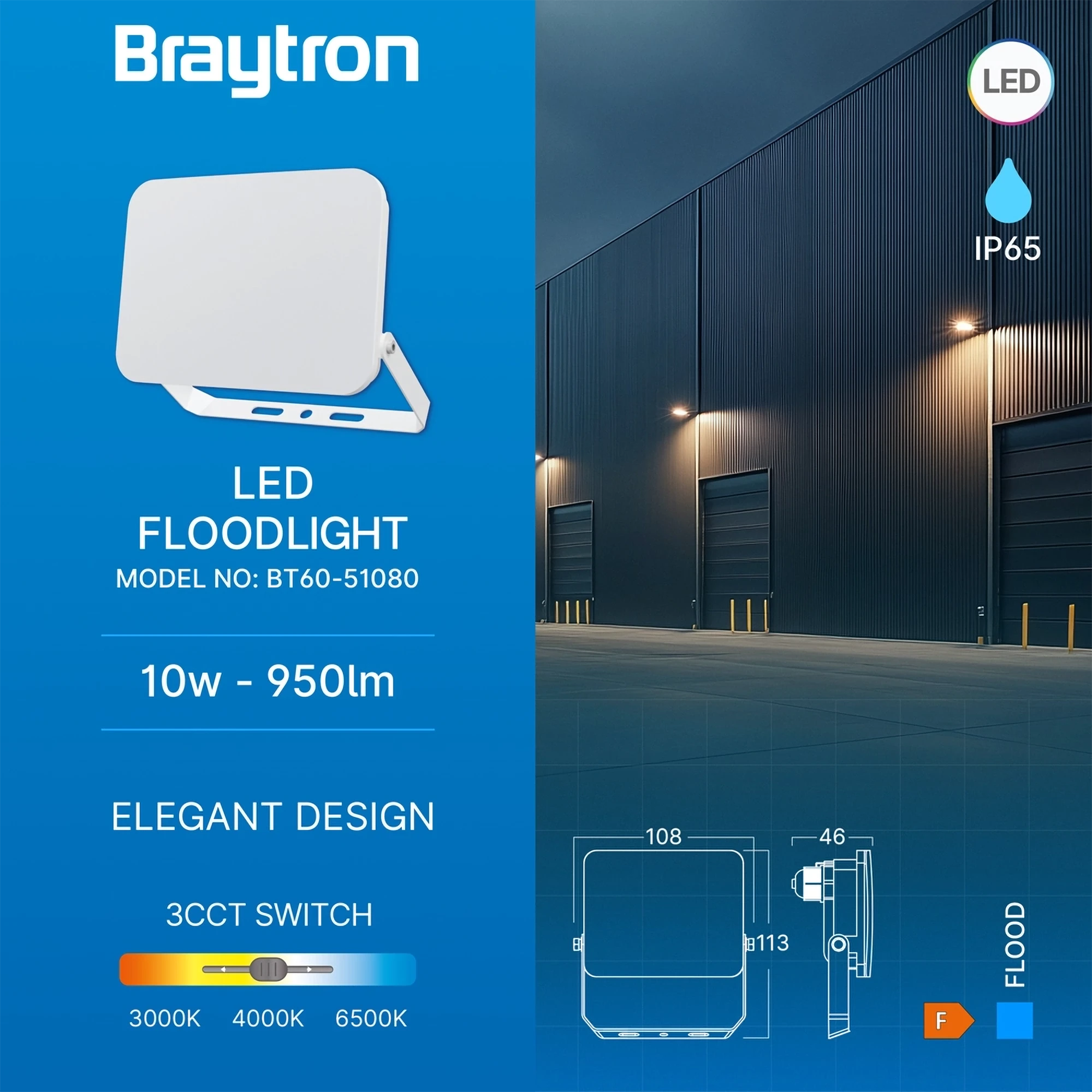LED reflektor 10W CCT bela IP65 Braytron Flood White - Слика 3
