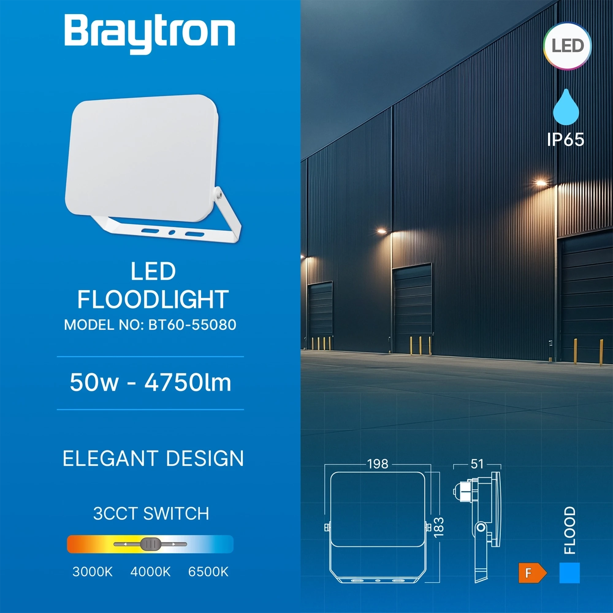 LED reflektor 50W CCT bela IP65 Braytron Flood White - Слика 3