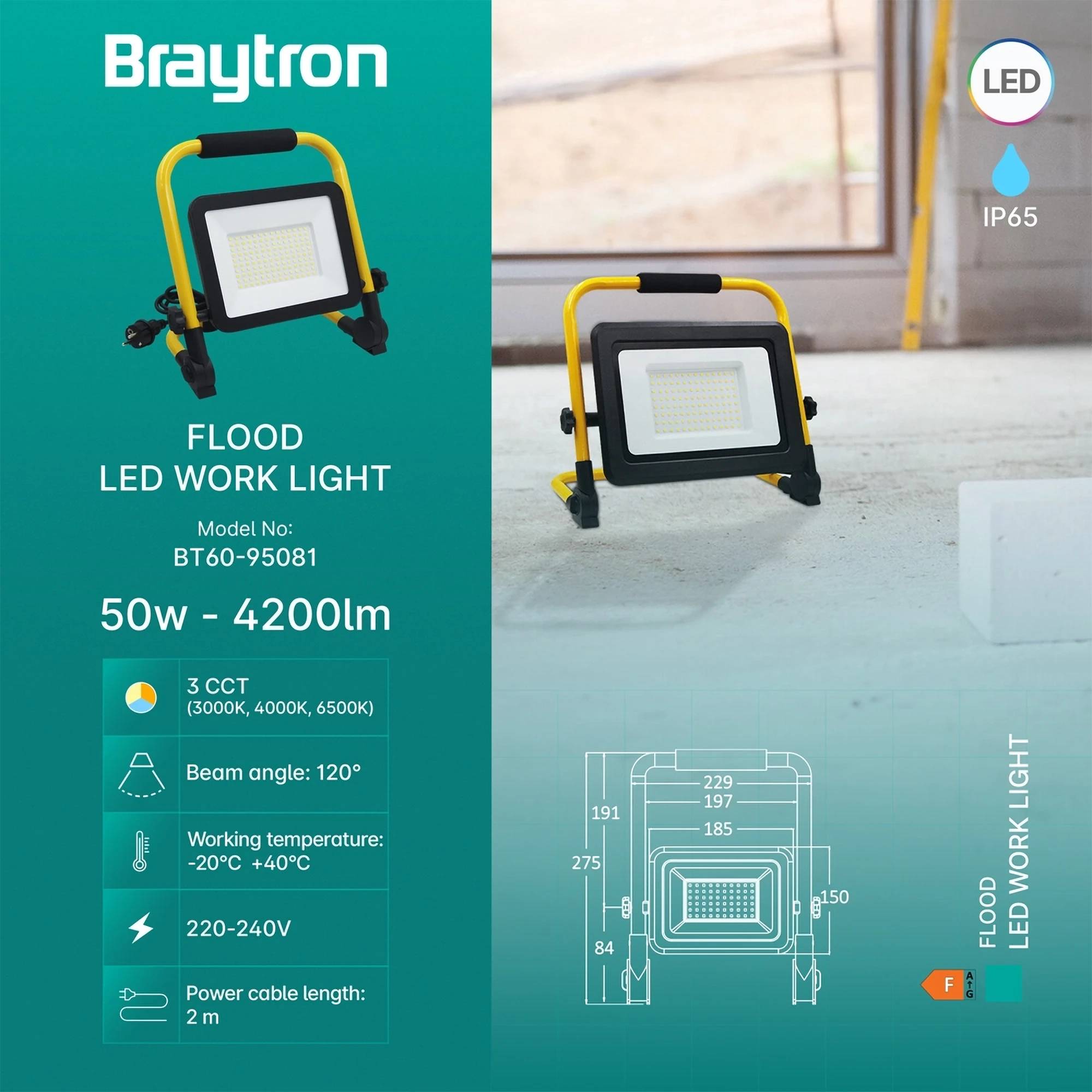 LED radno svetlo 50W CCT crna IP65 Braytron - Слика 3