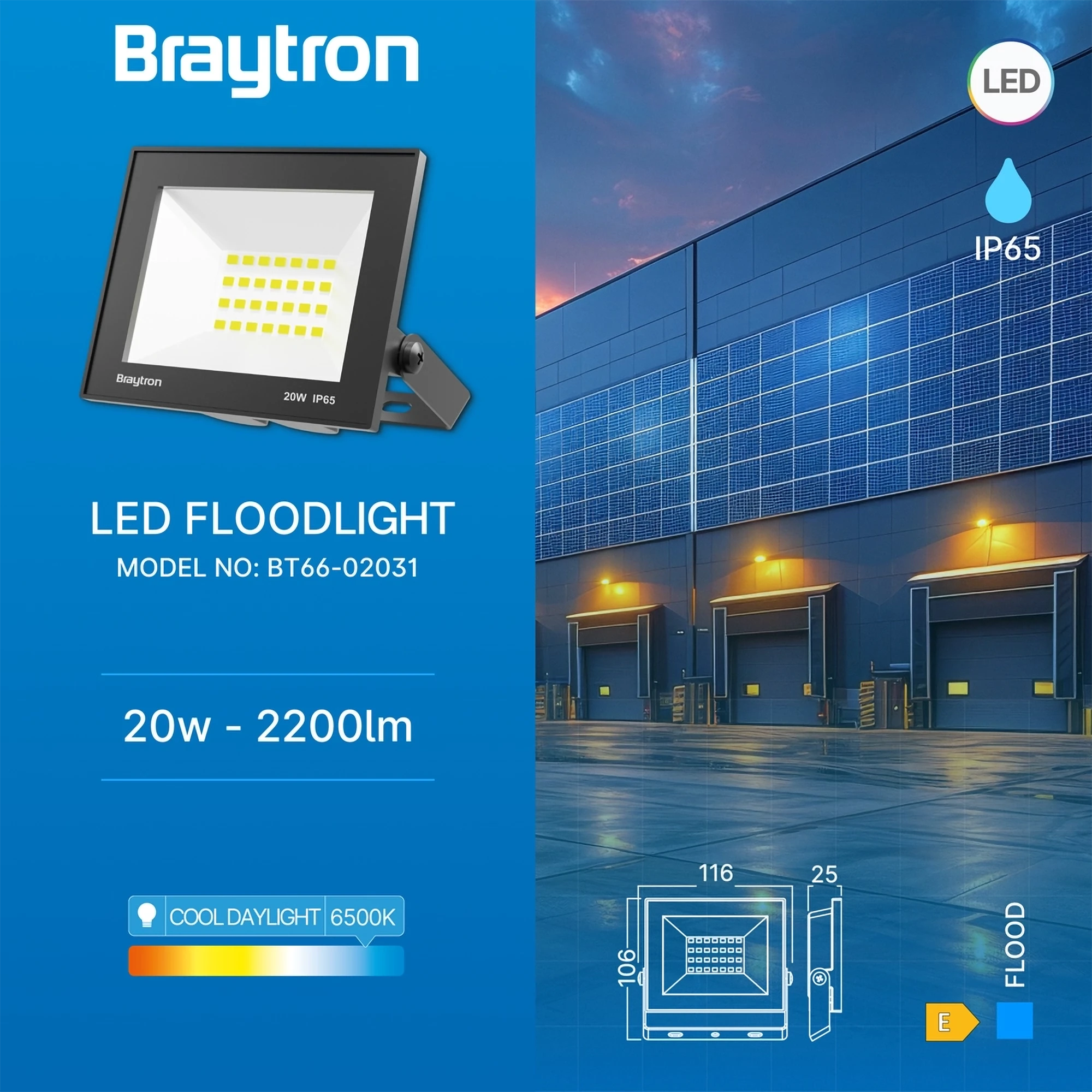 LED reflektor 20W 6500K crna IP65 Braytron Flood Compact - Слика 3