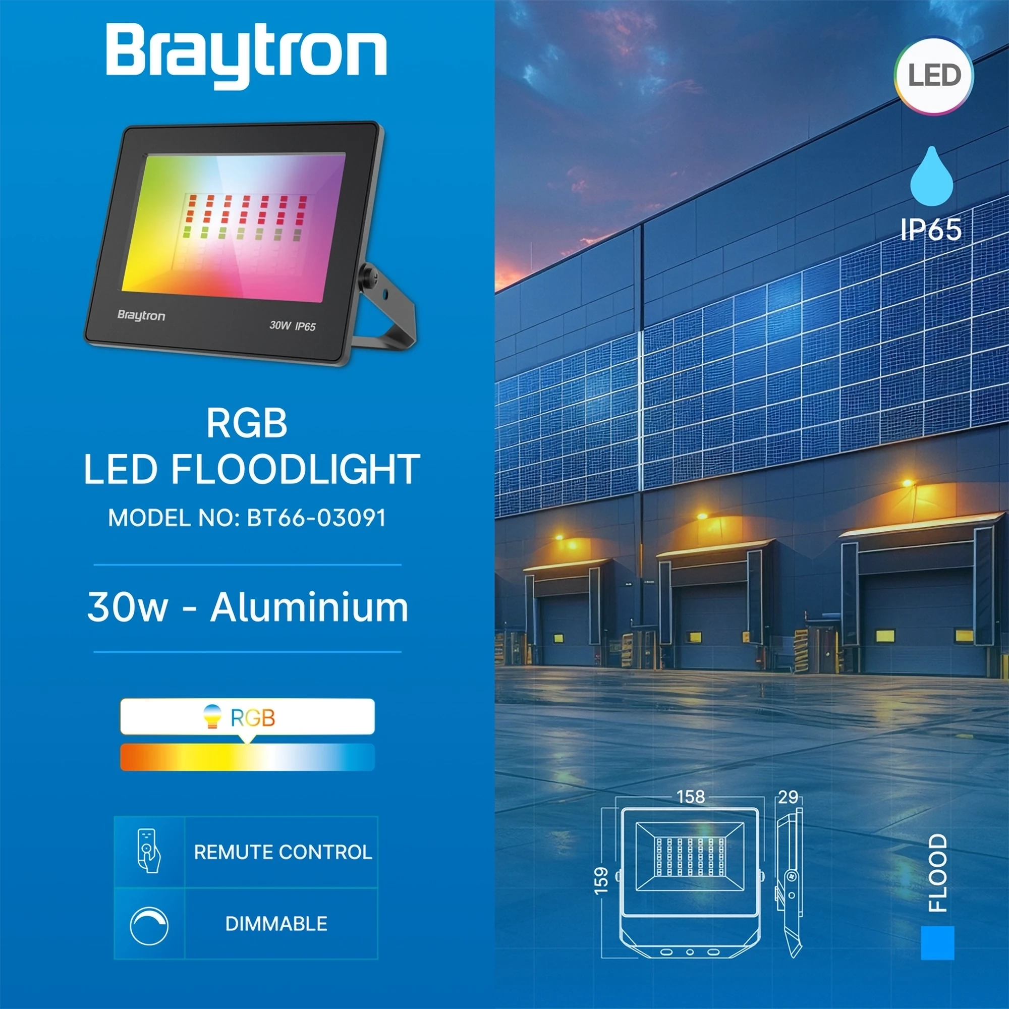 LED reflektor 30W RGB crna IP65 Braytron Flood Compact - Слика 3
