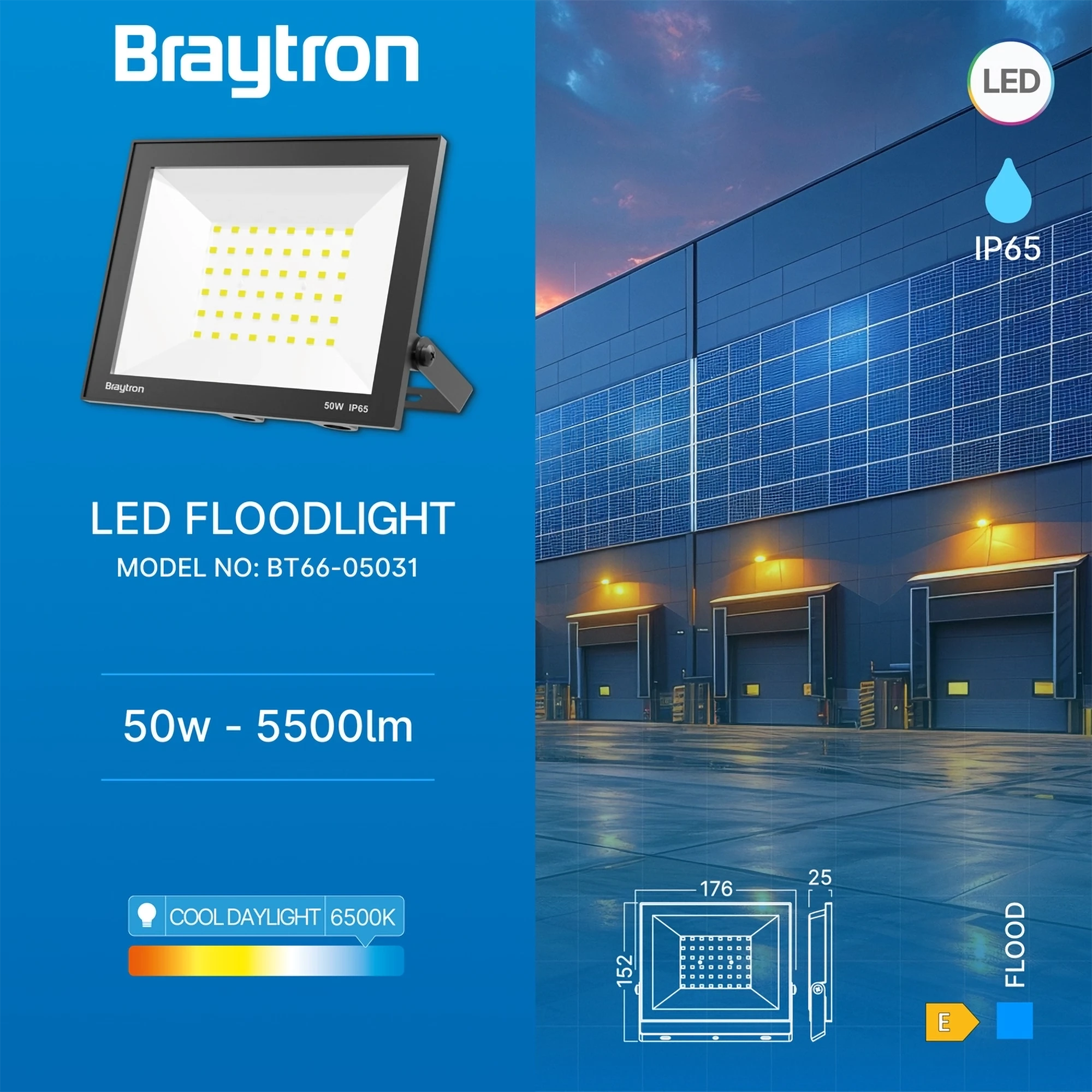 LED reflektor 50W 6500K crna IP65 Braytron Flood Compact - Слика 3