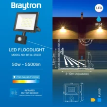 LED reflektor 50W 6500K sa senzorom crna IP54 Braytron Flood Compact