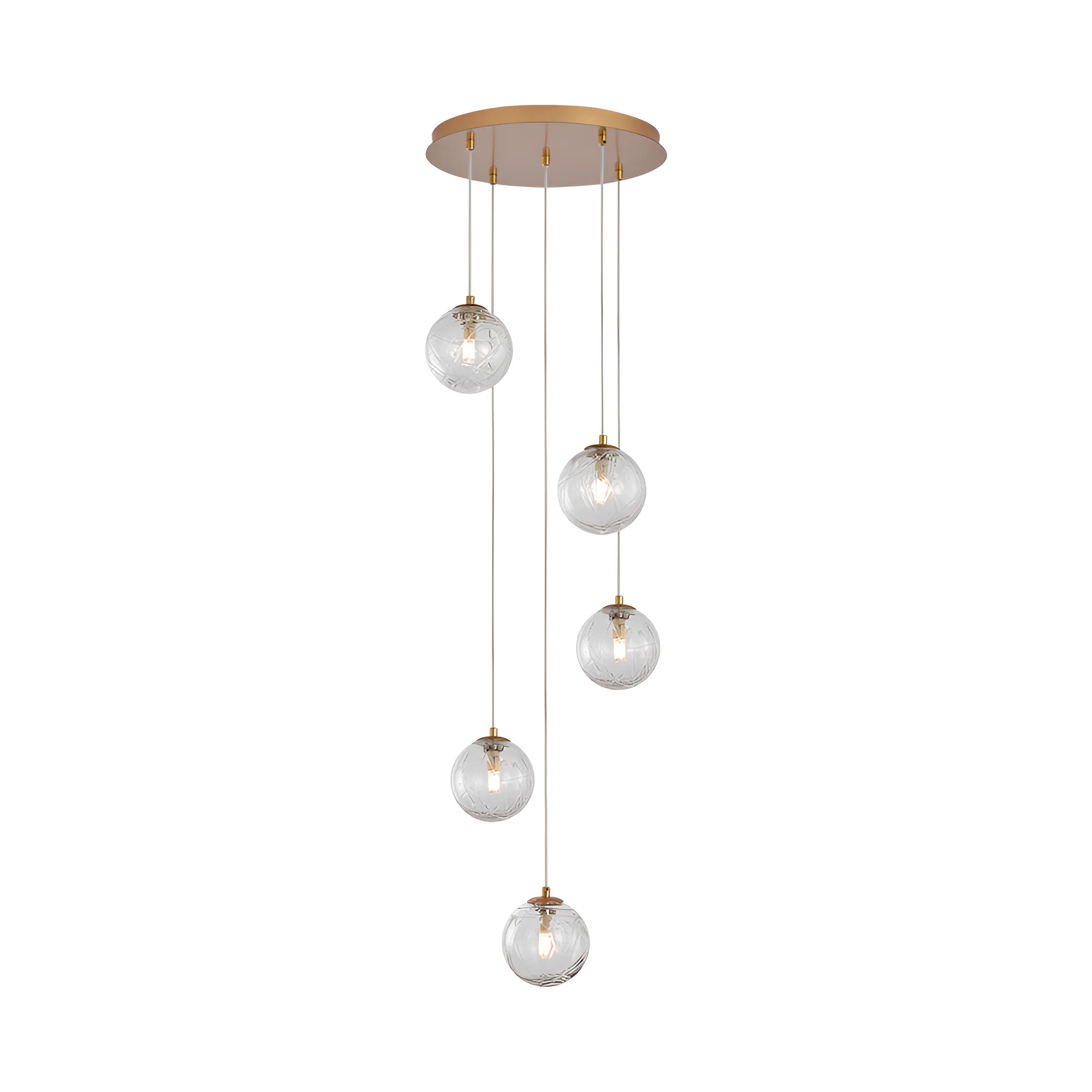 Viseća lampa 5×G9 zlatna, peterokraka rozeta sa sferama od providnog stakla Glass S002