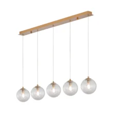 Viseća lampa 5×G9 zlatna, linearna šina sa sferama od providnog stakla Glass S002