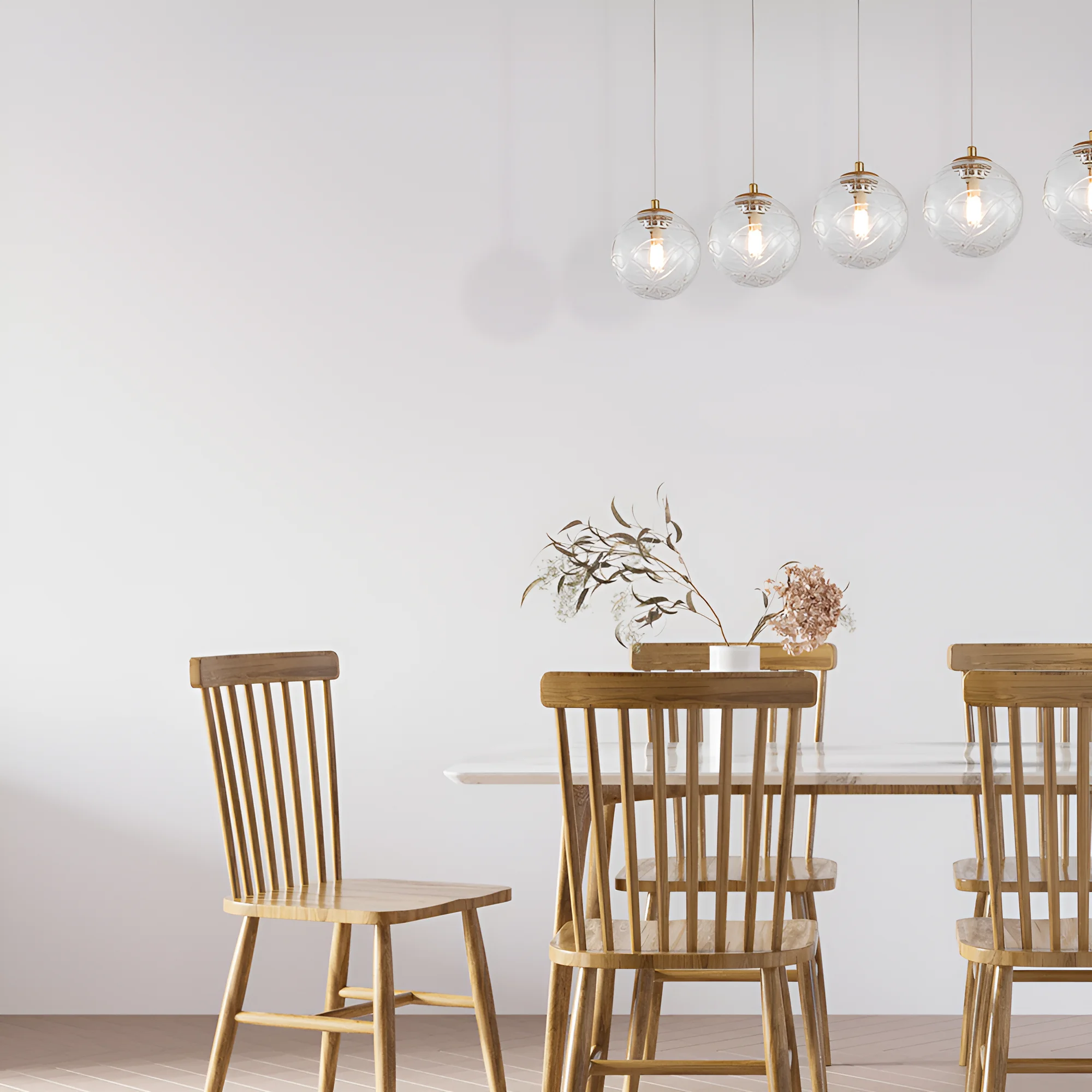 Viseća lampa 5×G9 zlatna, linearna šina sa sferama od providnog stakla Glass S002