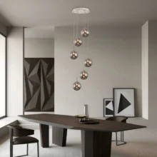 Viseća lampa 6×G9 hromirana, šestokraka rozeta sa abažurima od dimljenog stakla Glass S003