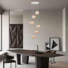 Viseća lampa 6×G9 hromirana, šestokraka rozeta sa abažurima od ćilibarnog stakla Glass S003