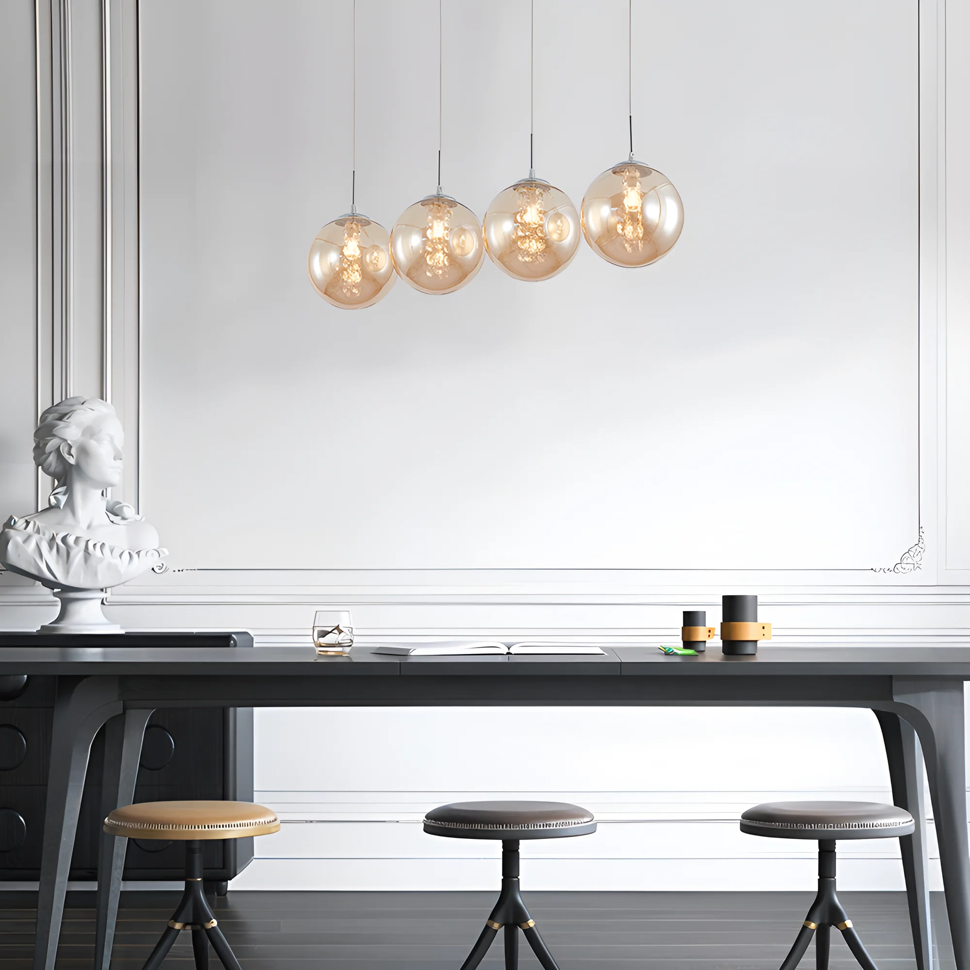 Viseća lampa 4×G9 hromirana, linearna šina sa abažurima od ćilibarnog stakla Glass S003