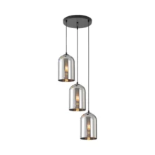 Viseća lampa 3×E27 crna, kružna rozeta sa zvonastim abažurima od dimljenog stakla Glass S004