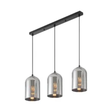Viseća lampa 3×E27 crna, linearna šina sa zvonastim abažurima od dimljenog stakla Glass S004
