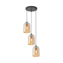 Viseća lampa 3×E27 crna, kružna rozeta sa zvonastim abažurima od ćilibarnog stakla Glass S004