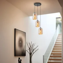 Viseća lampa 3×E27 crna, kružna rozeta sa zvonastim abažurima od ćilibarnog stakla Glass S004
