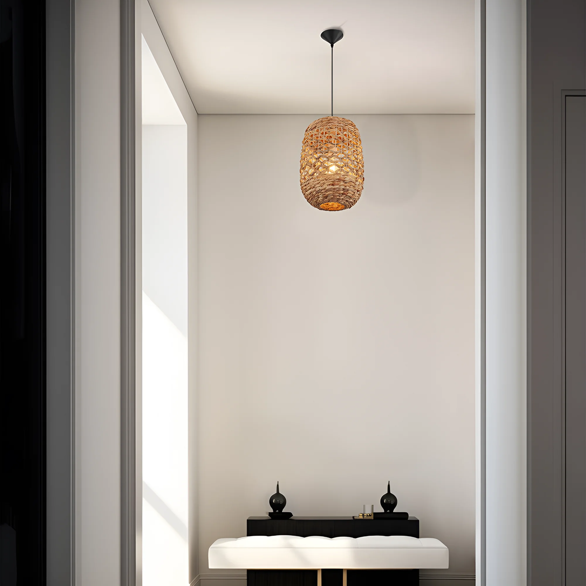 Viseća lampa 1×E27 od ratana, uski pleteni abažur serije Rattan D003