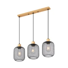 Viseća lampa sa šipkom 3×E27 sa žičanim kavezima, serija Wire W001 sa drvenim i crnim elementima