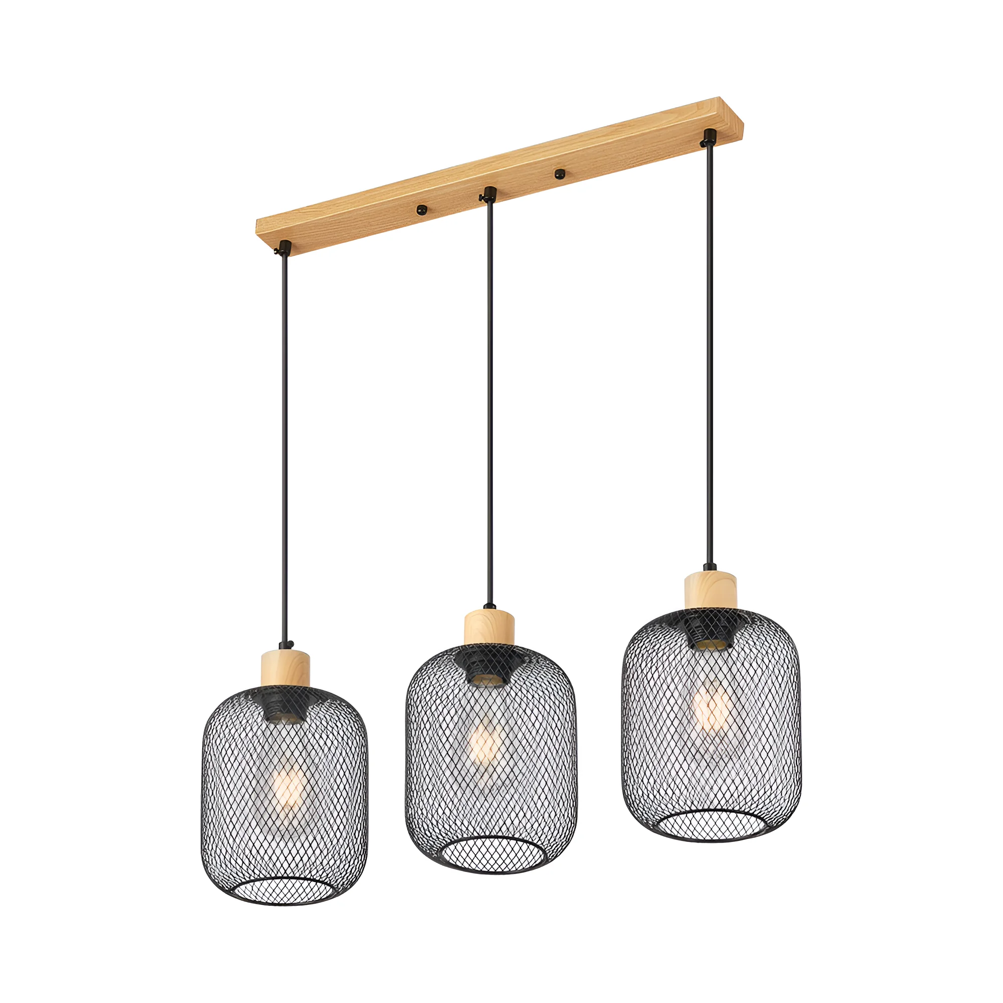 Viseća lampa sa šipkom 3×E27 sa žičanim kavezima, serija Wire W001 sa drvenim i crnim elementima