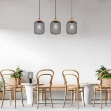 Viseća lampa sa šipkom 3×E27 sa žičanim kavezima, serija Wire W001 sa drvenim i crnim elementima