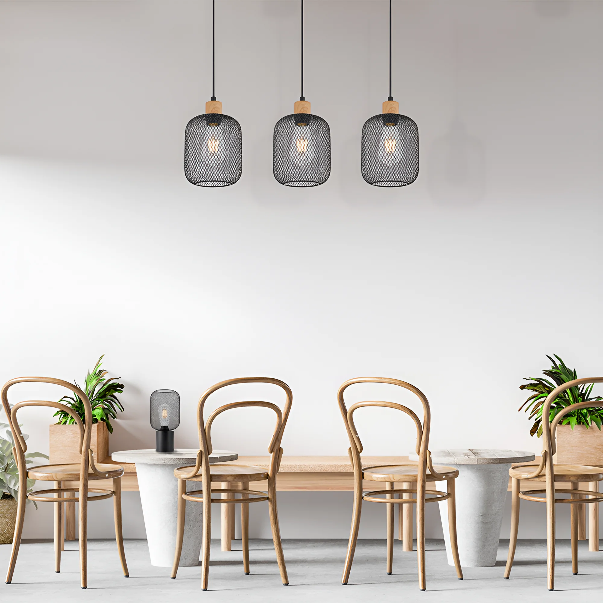Viseća lampa sa šipkom 3×E27 sa žičanim kavezima, serija Wire W001 sa drvenim i crnim elementima