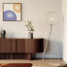 Podna lampa ovalni žičani kavez tronožni Bež grlo E27