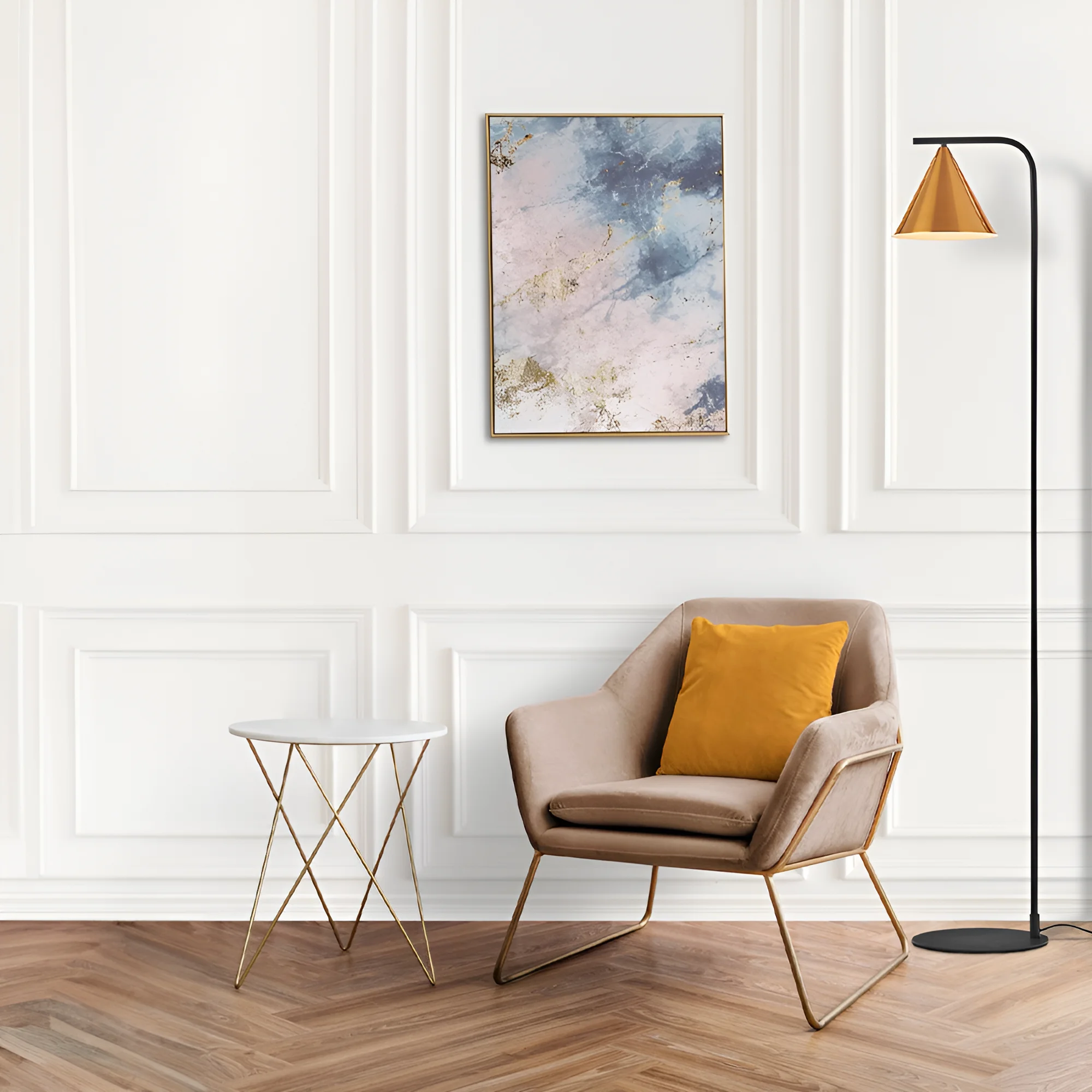 Podna lampa zlatni konus na luku Zlatna grlo E27