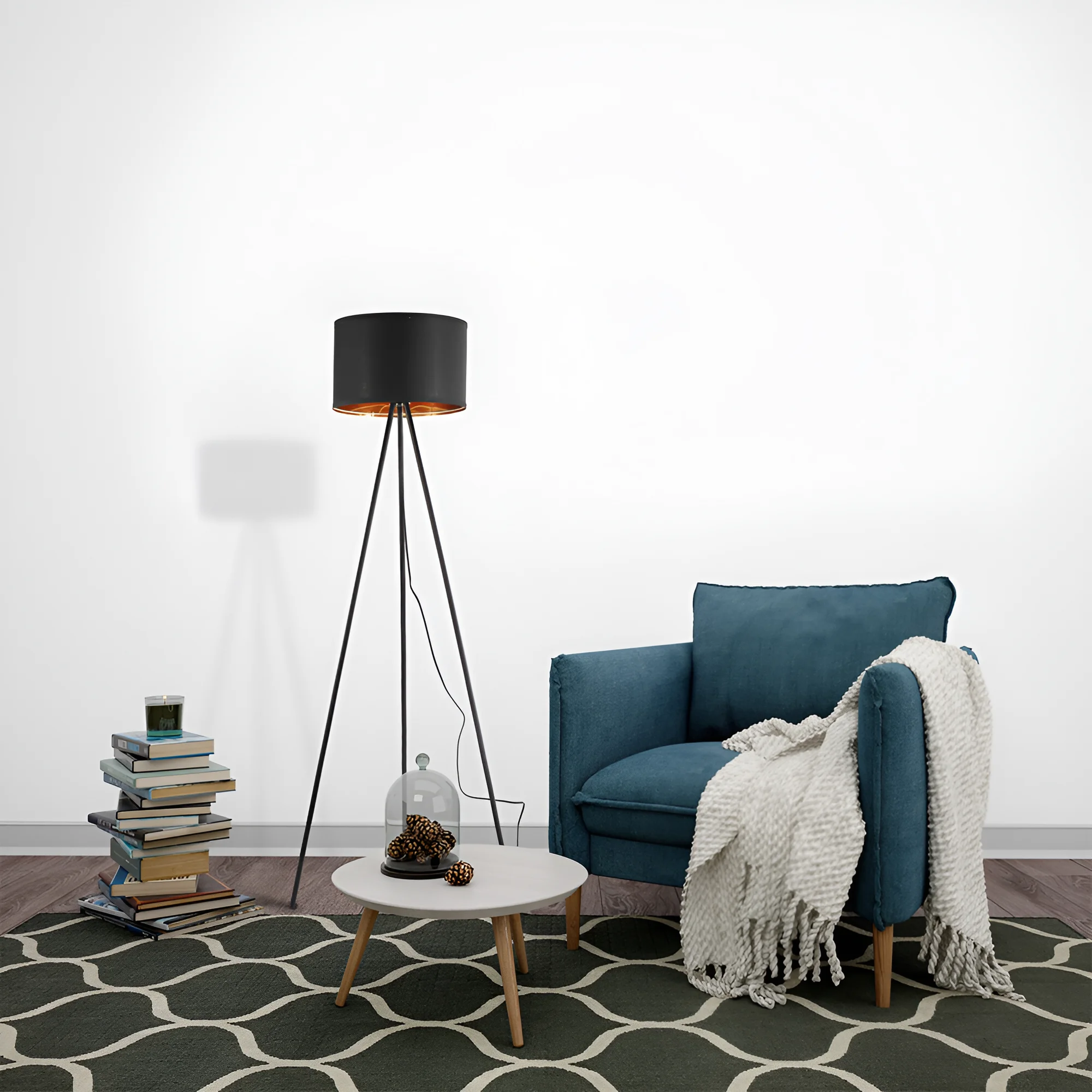 Podna lampa tronožni tekstilni abažur Crna grlo E27